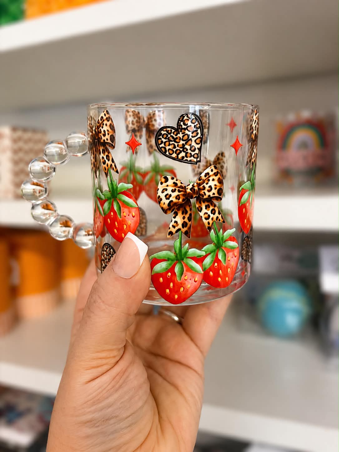 Leopard Print Bow Strawberry Glass Tea Cup