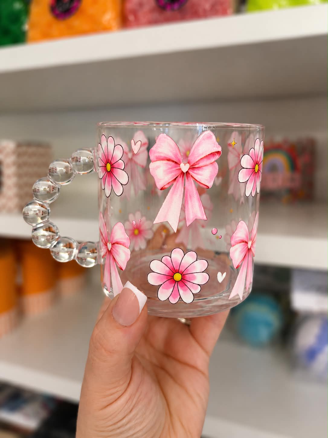 Pink Daisy & Bows Glass Tea Cup