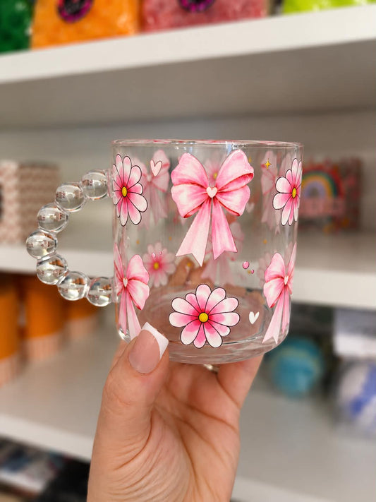 Pink Daisy & Bows Glass Tea Cup